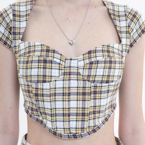 Danielle Guizio White Plaid Corset Top in Yellow and Lime, size S - Picture 5 of 5